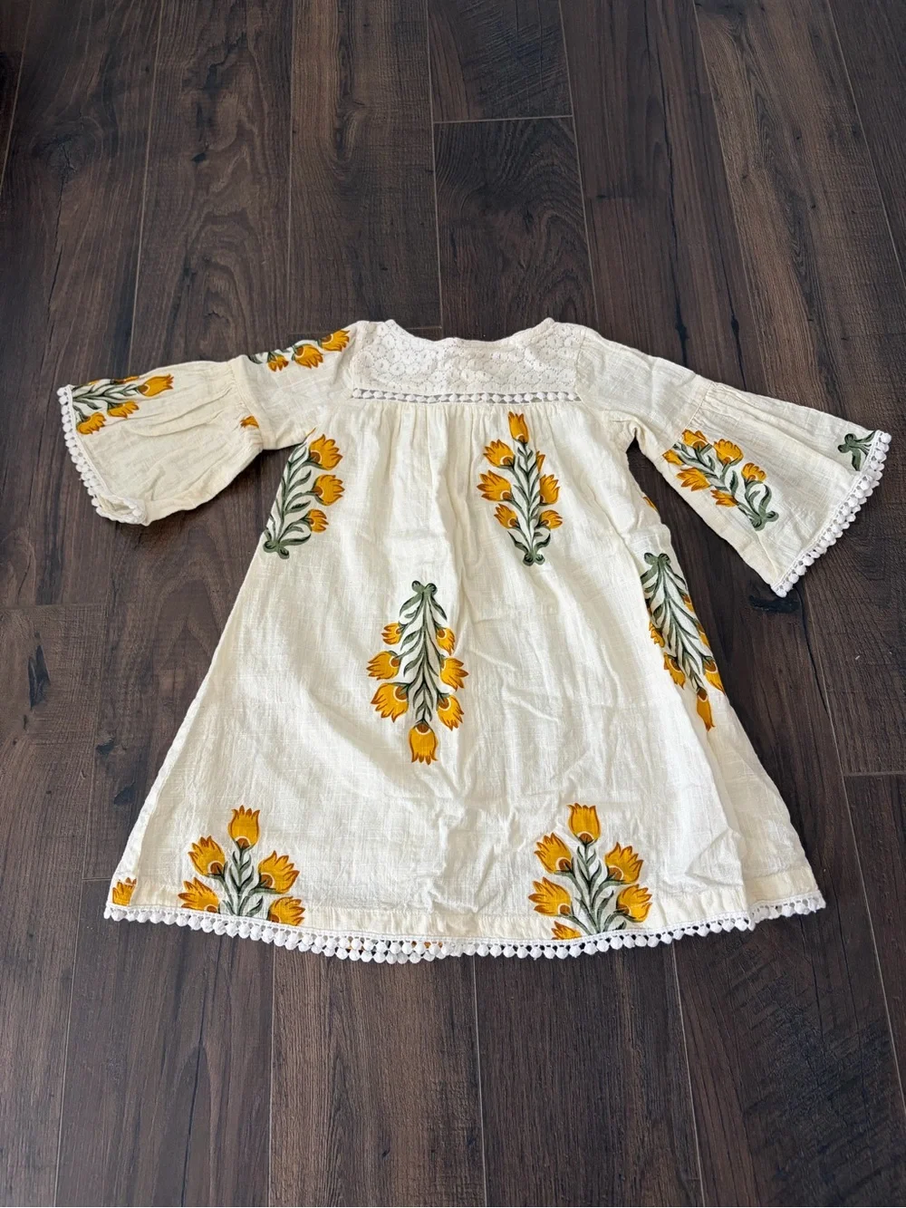 Cream Floral Embroidered Boho Dress for Girls with Yellow Tulip Motif